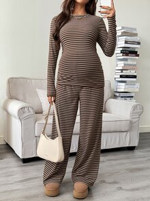 SHEIN 女款休閒冬季白色亮片孕婦條紋兩件套，長袖圓領T恤與可調腰寬腿褲家居套裝，棕色 - 棕色 - 查看 4