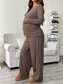 SHEIN 女款休閒冬季白色亮片孕婦條紋兩件套，長袖圓領T恤與可調腰寬腿褲家居套裝，棕色 - 棕色 - 查看 8