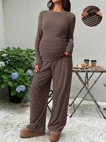 SHEIN 女款休閒冬季白色亮片孕婦條紋兩件套，長袖圓領T恤與可調腰寬腿褲家居套裝，棕色 - 棕色 - 查看 1