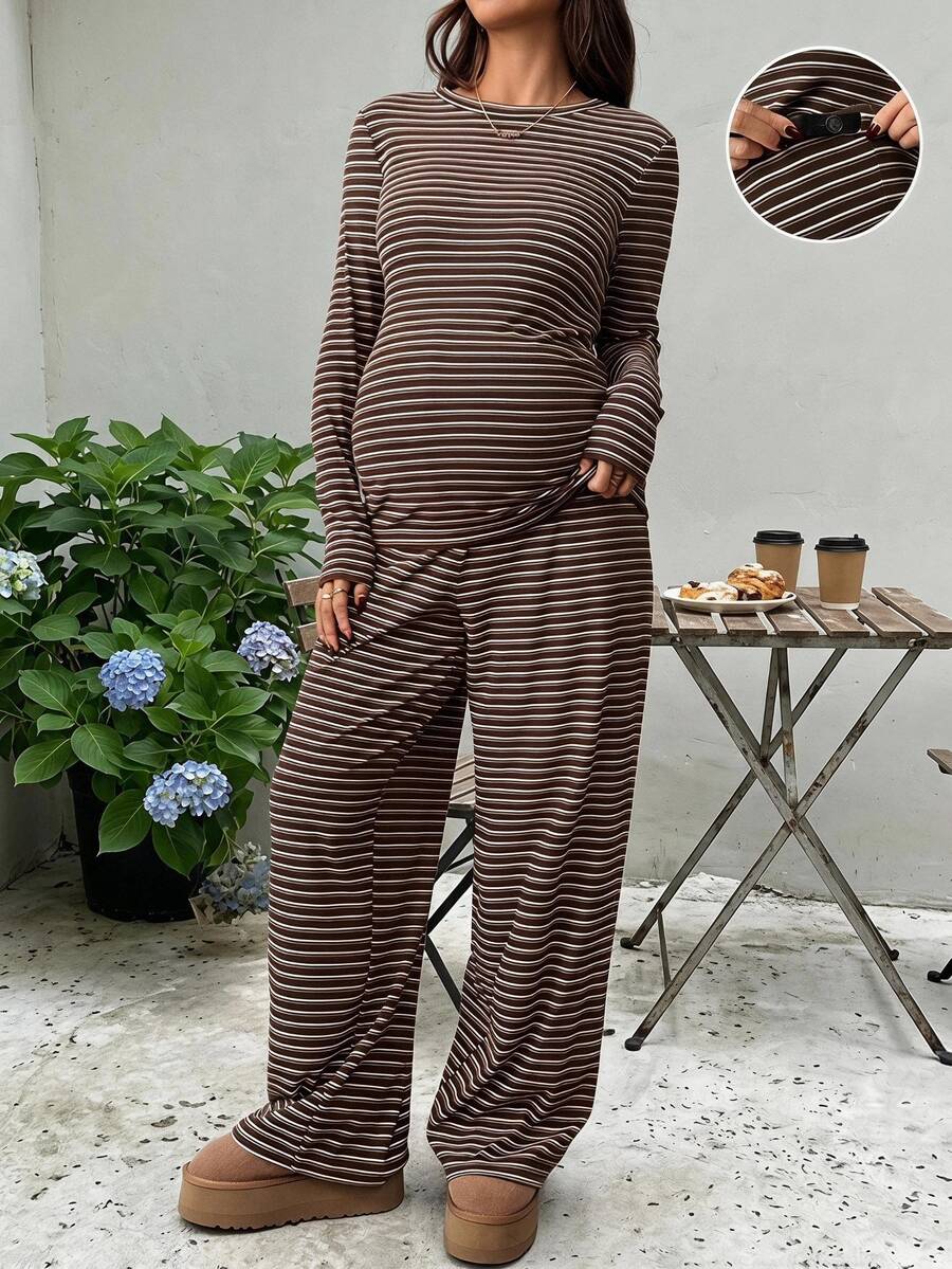 SHEIN 女款休閒冬季白色亮片孕婦條紋兩件套,長袖圓領T恤與可調腰寬腿褲家居套裝,棕色 - 棕色 - 查看 1