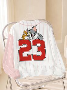 TOM & JERRY X SHEIN Women's Colorblock Striped Cartoon Print Sweatshirt - White - View 2