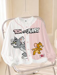 TOM & JERRY X SHEIN Women's Colorblock Striped Cartoon Print Sweatshirt - White - View 1