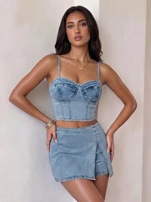 SHEIN SXY 女款牛仔背後繫帶罩杯細肩帶上衣 - 藍色 - 查看 3