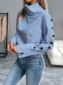SHEIN PariChic 条纹休闲长袖翻领单排扣蓝色衬衫 - 藍白色 - 查看 6