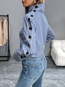 SHEIN PariChic 条纹休闲长袖翻领单排扣蓝色衬衫 - 藍白色 - 查看 2