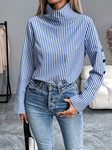 SHEIN PariChic 条纹休闲长袖翻领单排扣蓝色衬衫 - 藍白色 - 查看 4