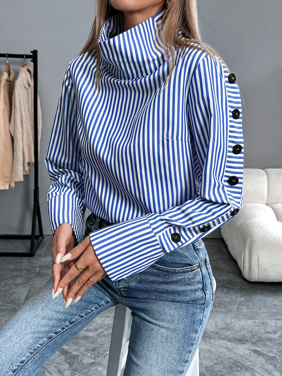 SHEIN PariChic 条纹休闲长袖翻领单排扣蓝色衬衫 - 藍白色 - 查看 1