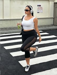 Muchica 大尺碼女款純色高腰對比網格休閒緊身褲 - 黑色 - 查看 5