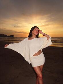 Bonvoyette Swim Chiccia 夏季女款 Y2K 性感大廓形露肩長袖上衣與貼身低腰迷你裙 2 件套，新款跨境優雅波希米亞復古條紋蝙蝠袖短版上衣與短款泳裝罩裙，女款泳裝套裝，夏季沙灘罩衫 - 米色 - 查看 6