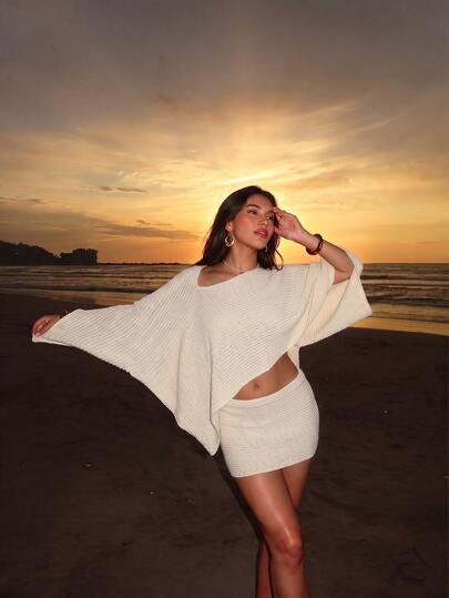 Bonvoyette Swim Chiccia Summer Women's 2-Piece Y2K Sexy Oversized Off-Shoulder Long Sleeve Top And Fitted Low-Waist Mini Skirt, New Cross-Border Elegant Bohemian Vintage Striped Batwing Sleeve Crop Top And Short Swim Cover-Up Skirt, Women's Swimwear Set, Summer Beach Cover-Up