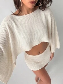 Bonvoyette Swim Chiccia 夏季女款 Y2K 性感大廓形露肩長袖上衣與貼身低腰迷你裙 2 件套，新款跨境優雅波希米亞復古條紋蝙蝠袖短版上衣與短款泳裝罩裙，女款泳裝套裝，夏季沙灘罩衫 - 米色 - 查看 5