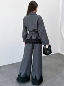 Firerie 蕾絲刺繡灰色條紋長褲套裝 法式外出禮儀奢華返校日婚禮正式商務 - 灰色 - 查看 3