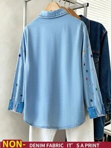 Xyvia 女款彩色水鑽裝飾休閒百搭日常穿著襯衫 - 藍色 - 查看 2