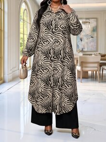 SHEIN Lady 大尺碼女款斑馬紋長袖單排扣長襯衫與寬腿褲兩件套 米色黑色 夏季休閒優雅早午餐穿搭 - 彩色 - 查看 4