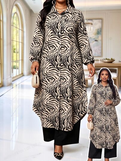 SHEIN Lady Plus Size Women's Zebra Print Long Sleeve Single-Breasted Long Shirt And Wide Leg Pants 2 Pieces Set Brunch Beige Black Summer Casual Eleganza Elegant