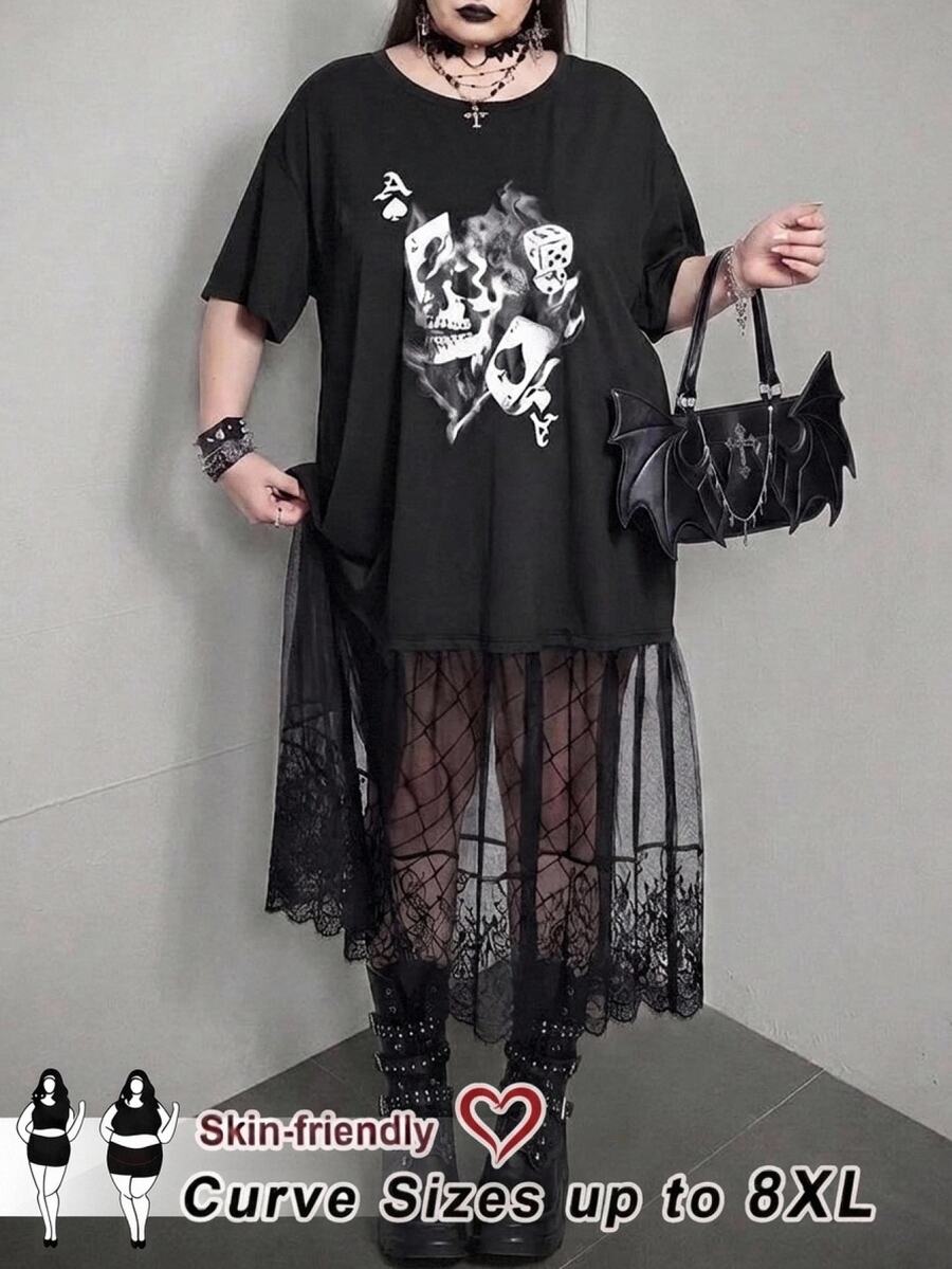 SHEIN CURVE+ Plus Size Women's Lace Patchwork Dress, Punk Pattern ...