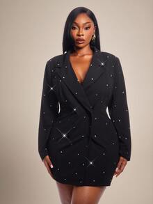 Radiana Curve Plus Size Women Sexy Elegant Double Breasted Embellishment Hotfix Rhinestone Blazer Dress Fall Cocktail Party Formal Evening Black And White - Black - View 5
