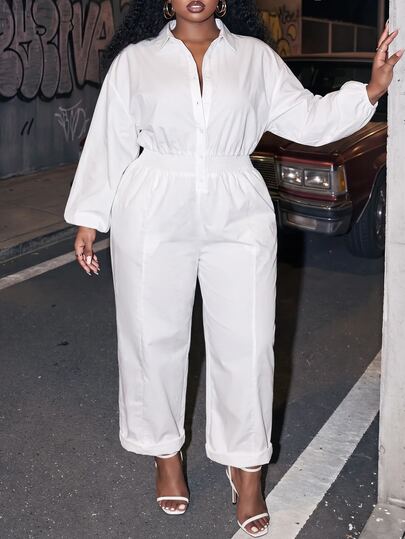Slaydiva Plus Size Women Solid Color Casual Daily Wear Jumpsuit Fall