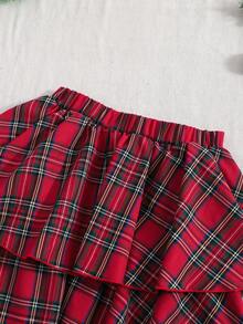 SHEIN Setelan Rok Kotak-kotak 2 Potong untuk Anak Perempuan Remaja, Atasan Bergaris Bahu Terbuka dengan Pita dan Rok Tartan Lipit Berlapis - MultiWarna - View 7