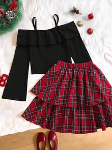 SHEIN Setelan Rok Kotak-kotak 2 Potong untuk Anak Perempuan Remaja, Atasan Bergaris Bahu Terbuka dengan Pita dan Rok Tartan Lipit Berlapis - MultiWarna - View 2