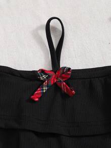 SHEIN Setelan Rok Kotak-kotak 2 Potong untuk Anak Perempuan Remaja, Atasan Bergaris Bahu Terbuka dengan Pita dan Rok Tartan Lipit Berlapis - MultiWarna - View 5