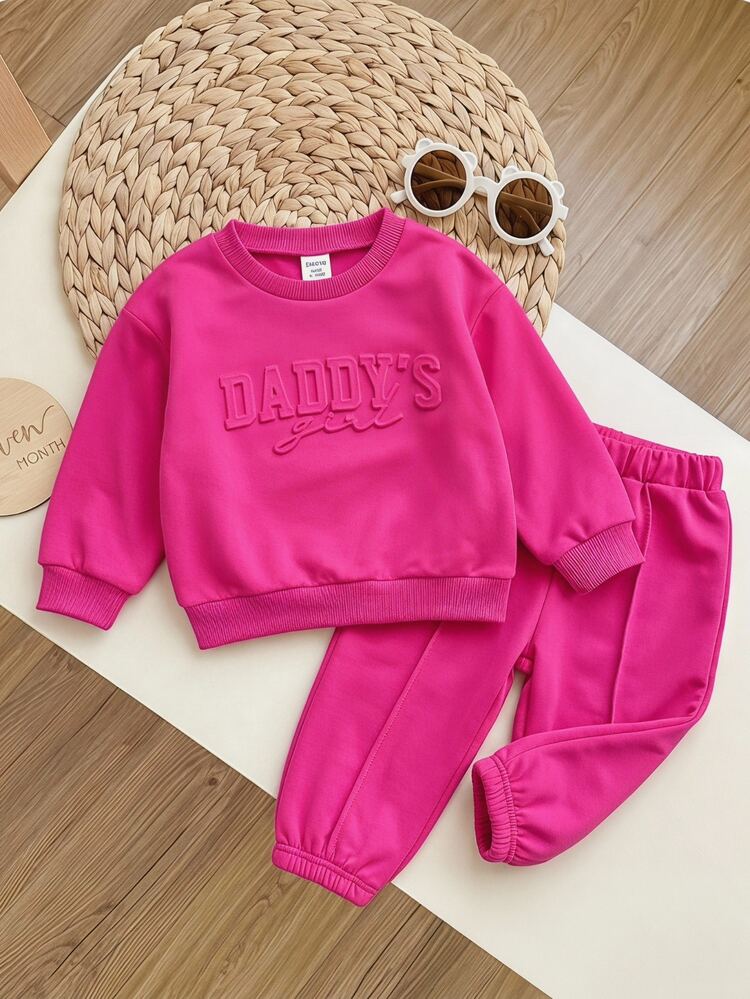 SHEIN Baby Girl Knit Solid Color Crew Neck Casual Sweatshirt And Long Autumn Winter Pants - Hot Pink - View 3