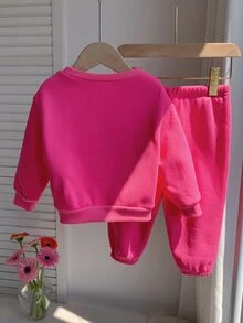 SHEIN Baby Girl Knit Solid Color Crew Neck Casual Sweatshirt And Long Autumn Winter Pants - Hot Pink - View 4