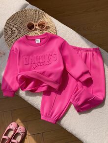 SHEIN Baby Girl Knit Solid Color Crew Neck Casual Sweatshirt And Long Autumn Winter Pants - Hot Pink - View 1