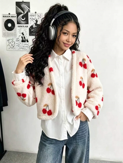 Tween Girls' Single Piece Fuzzy Short Open Front Long Sleeve Jacket, All-Over Cherry Print, Winter Outwear, Suitable For Daily Casual And Vacation Wear
