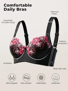 Bareli Dear 1pc Women's Embroidered Patchwork Casual Soft Comfortable Wide Strap Push-Up Adjustable Underwire Bra - Multicolor - View 3