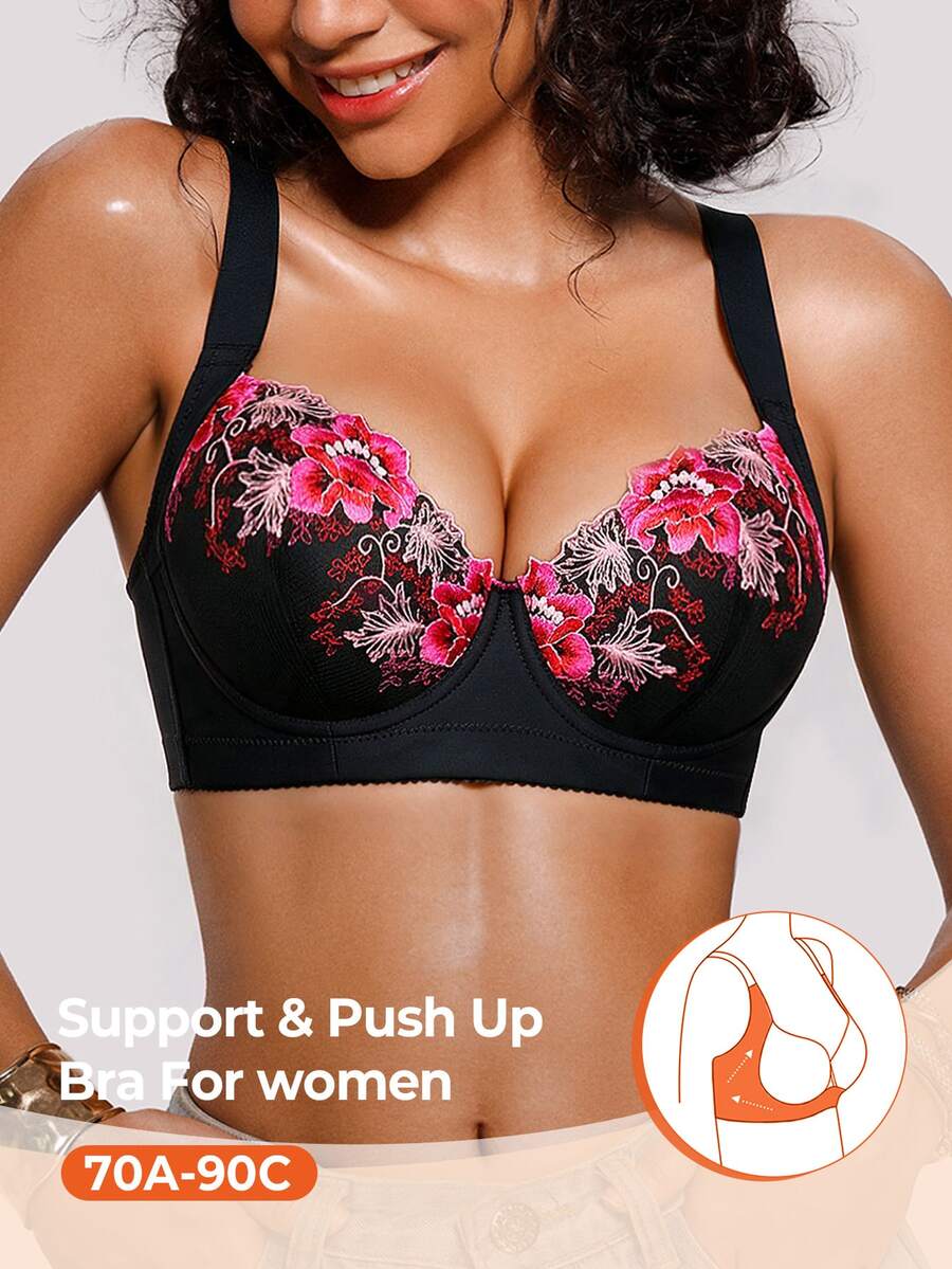 Bareli Dear 1pc Women's Embroidered Patchwork Casual Soft Comfortable Wide Strap Push-Up Adjustable Underwire Bra - Multicolor - View 1