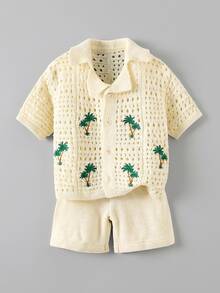 Maija Kids Maija Kids Kids 2pcs Tween Boy Casual Vacation Palm Tree Crochet Texture Polo Collar Autumn Winter Cardigan And Shorts Set, Comfortable & Versatile - Apricot - View 1