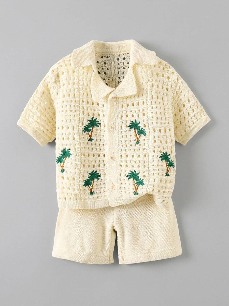Maija Kids Maija Kids Kids 2pcs Tween Boy Casual Vacation Palm Tree Crochet Texture Polo Collar Autumn Winter Cardigan And Shorts Set, Comfortable & Versatile - Apricot - View 1