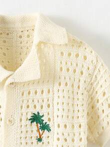 Maija Kids Maija Kids Kids 2pcs Tween Boy Casual Vacation Palm Tree Crochet Texture Polo Collar Autumn Winter Cardigan And Shorts Set, Comfortable & Versatile - Apricot - View 2