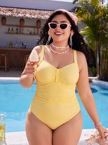 Swim Mod Plus Size Women's Mature Minimalist Conservative Modest Beach Vacation Yellow Random Print Adjustable Strap One-Piece Swimsuit Summer - Yellow - View 5