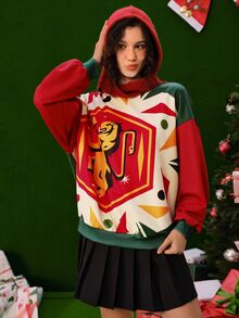 HARRY POTTER X SHEIN Women's Casual Christmas Geometric Print Color Block Dropped Shoulder Loose Pullover Sweatshirt - Multicolor - View 3