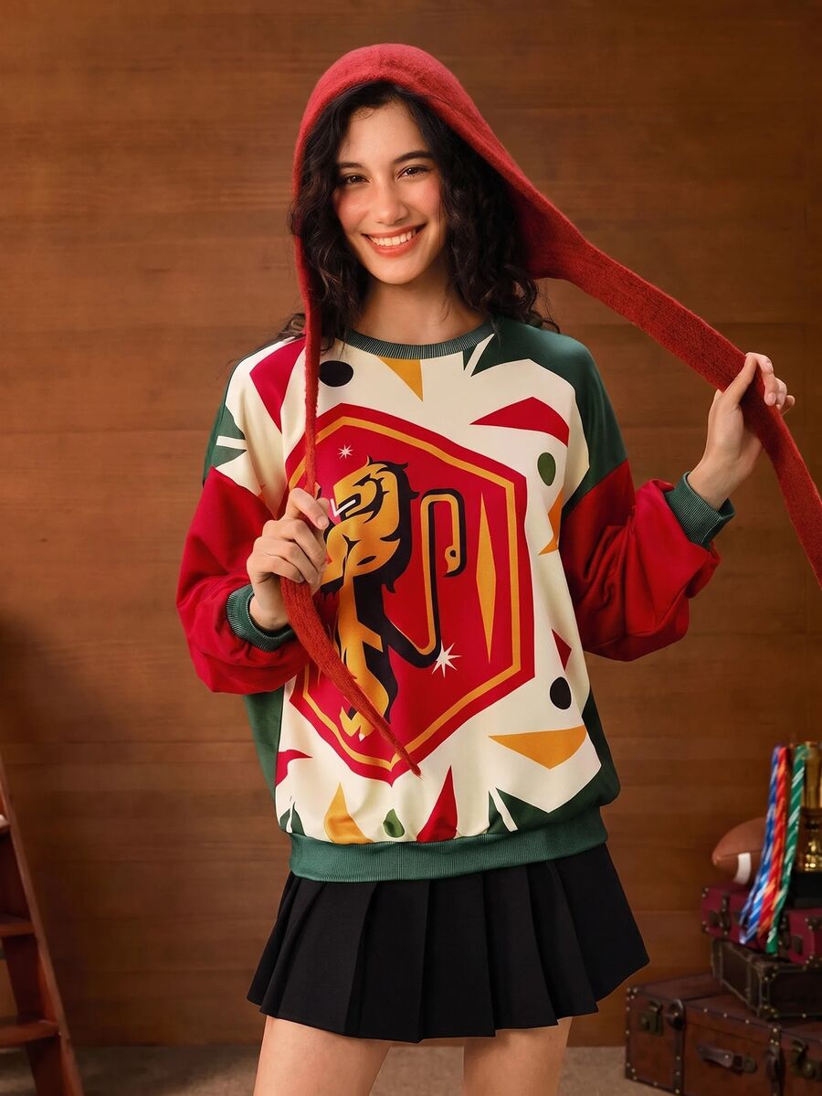 HARRY POTTER X SHEIN Women's Casual Christmas Geometric Print Color Block Dropped Shoulder Loose Pullover Sweatshirt - Multicolor - View 1