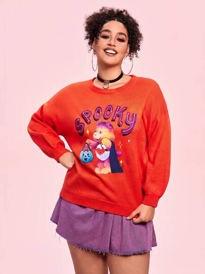 SHEIN X Care Bears Plus Size Women Halloween Cartoon Bear And Letter Graphic Drop Shoulder Sweater Winter