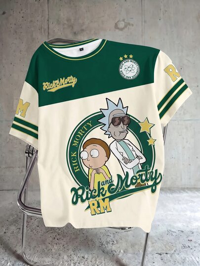 Rick and Morty X SHEIN Camiseta de manga corta con cuello redondo, estampado de dibujos animados y rayas para mujer