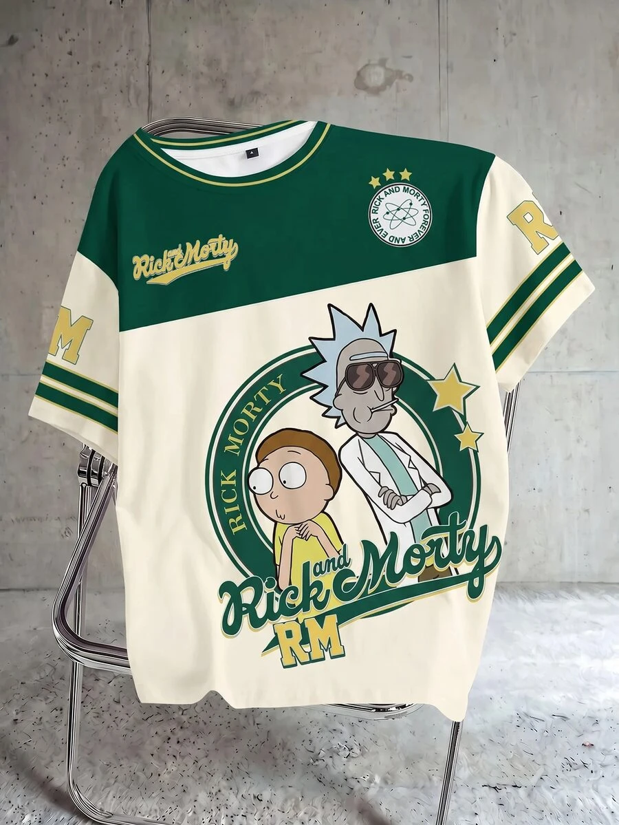 Rick and Morty X SHEIN 女款卡通印花條紋圓領短袖T恤 - 白色 - 查看 1
