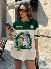 Rick and Morty X SHEIN 女款卡通印花條紋圓領短袖T恤 - 白色 - 查看 3