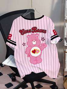 SHEIN X Care Bears 大尺碼女款圓領粉色字母卡通印花休閒可愛趣味日常夏季T恤 畢業生日適用 - 白色 - 查看 2