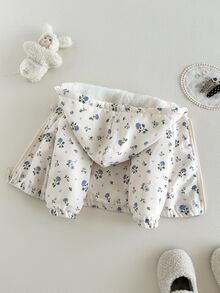 SHEIN 1件女嬰連帽毛茸茸花卉夾克可愛米色秋季花卉印花拉鍊外套保暖內裡厚款飛行夾克適合約會冬季穿著 - 杏色 - 查看 8