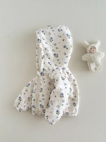 SHEIN 1件女嬰連帽毛茸茸花卉夾克可愛米色秋季花卉印花拉鍊外套保暖內裡厚款飛行夾克適合約會冬季穿著 - 杏色 - 查看 6