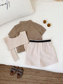 SHEIN 3件組/青少年男孩舒適休閒百搭日常時尚簡約學院風立領短袖T恤POLO衫針織上衣配白色條紋披肩與白色短褲長褲及腰帶多件套裝制服正式，適合春夏季節，室內居家、戶外、日常、運動、玩樂、派對、攝影、度假、節日、婚禮 - 彩色 - 查看 4