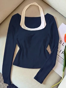 SuriyaCove Women's Y2K Long Sleeve Top Mock Two Piece Square Neck Ribbed Crop Slim Fit Tee Going Out Night Out Navy Blue Off-White Fall - Multicolor - View 4