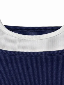 SuriyaCove Women's Y2K Long Sleeve Top Mock Two Piece Square Neck Ribbed Crop Slim Fit Tee Going Out Night Out Navy Blue Off-White Fall - Multicolor - View 7