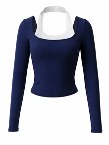 SuriyaCove Women's Y2K Long Sleeve Top Mock Two Piece Square Neck Ribbed Crop Slim Fit Tee Going Out Night Out Navy Blue Off-White Fall - Multicolor - View 8