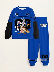 LOONEY TUNES X SHEIN Tween Boy Cartoon Graphic Long Sleeve Sweatshirt And Sweatpants Casual Daily Set - White - View 3