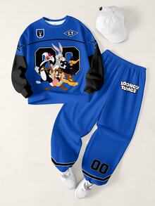 LOONEY TUNES X SHEIN Tween Boy Cartoon Graphic Long Sleeve Sweatshirt And Sweatpants Casual Daily Set - White - View 1